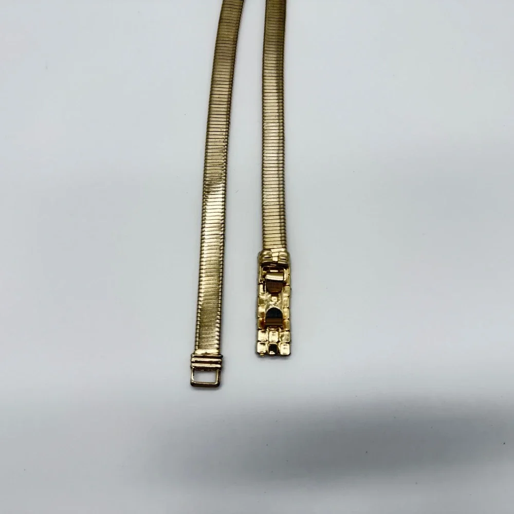 Vintage Gold Tone Snake Chain Stretch Belt Rhinestone Buckle Skinny Waist Belt